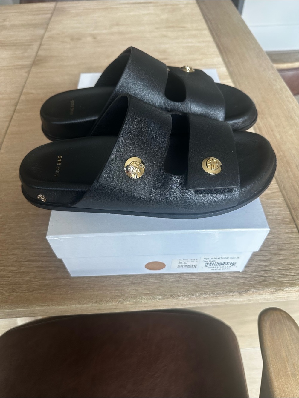 Anine Bing Black Leather Double-Strap Slide Sandals with Gold Logo size 38